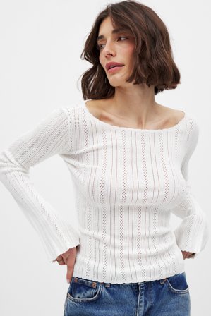 NA-KD Knitted Pointelle Long Sleeve Top - Strikkede toppe - Hvid - XL (EU 46)