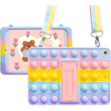 Push Pop Fidget -lelut Kotelo iPad Air 2/Pro/iPad 6 9.7" -laitteelle Iskunkestävä silikoni taitettavalla jalustalla ja kaulanauhalla (iPad Air 2/Pro/