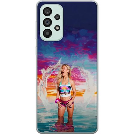 Kompatibel Mobilcover til Samsung Galaxy A73 5G Blond kvinde i farverigt strandtøj, der leger i havet ved solnedgang