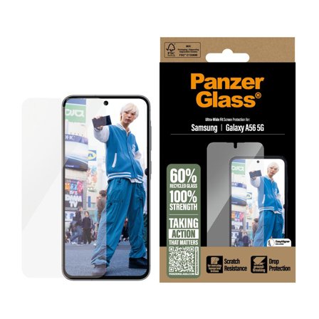PanzerGlass Galaxy A56 5G Skjermbeskytter Ultra wide fit, laget av 60% resirkulert glass