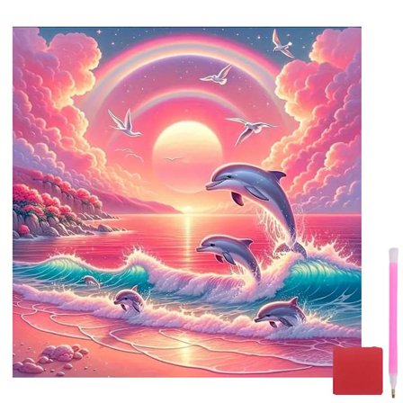 Delfin Diamant Kunst Sæt til Voksne - Strand 5D Diamant Maleri Sæt til Begyndere, DIY Fuld Drill Diamanter Landskab Ædelsten Kunst til Gave og Hjem 