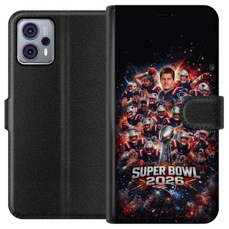 Yhteensopiva Lompakkokotelo Motorola Moto G23 Super Bowl 2026 juliste, jossa New England Patriots ja NFL-mestaruuspalkinto räjähtävän urheilullisessa