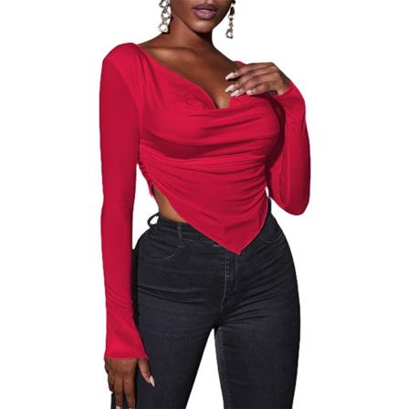 Kvinnors asymmetriska fåll Ruched V-hals långärmad Crop Top