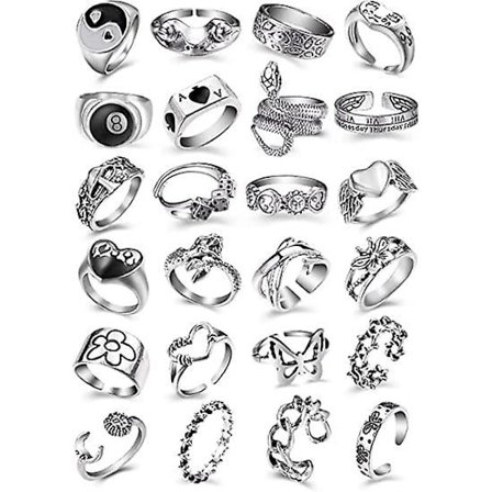 Vintage Punk Ringar Set för Män Kvinnor Orm Öppen Groda Ring Knuckle Stacking Ringar Justerbar Punk Ring Set, 8/24pcs(24 st)