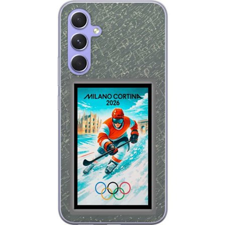Yhteensopiva Puhelinkuori Samsung Galaxy A54 Curlingkuvitus pelaajilla ja kivillä jäällä, Milano Cortina 2026, lumisia roiskeita ja olympiasormukset