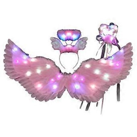 Fairy Wing Prinsesse Fairy Kostymesett LED Fjærvinge Kostyme, Fairy Fjærvinge Magisk Tryllestav og Pannebånd Sett Oppgradert swalloD stor