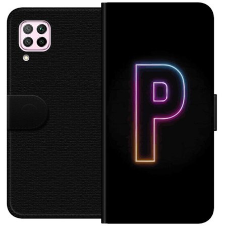 Kompatibel Tegnebogsetui til Huawei Huawei P40 lite Minimalistisk neonbogstav P i farvegradient og lyseffekt mod sort baggrund i digital neonstil