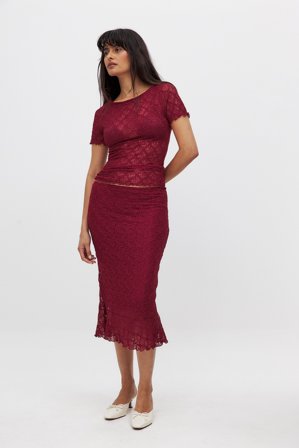 NA-KD Lace Midi Skirt - Mellemlange nederdele - Burgundy - L