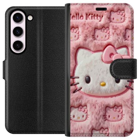 Kompatibel Tegnebogsetui til Samsung Galaxy S23 Hello Kitty lyserød fluffy baggrund med ikonisk ansigt og kawaii-æstetik