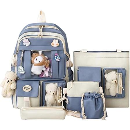 5 stk Kawaii Ryggsekk Casual Vesker Søte Estetiske Ryggsekker med Tote Håndveske Blyant Pennal Etui, med Søte Bjørn Anheng Pins (Blå)