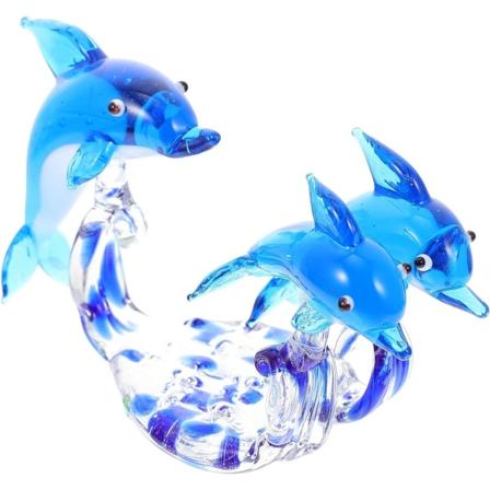Krystallglass Delfin Figur Handblåst Delfin Statue Havdyr Skulptur Skrivebords Ornament for Hjem Kontor Dekor Blå