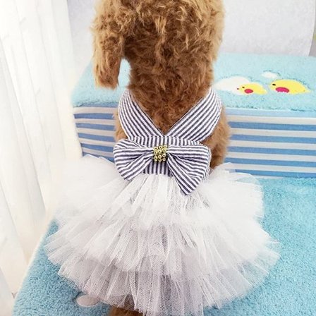Husdjurshunddräkt Suspender Randig kjol Mesh Puppy Princess Dress (Vit, M)