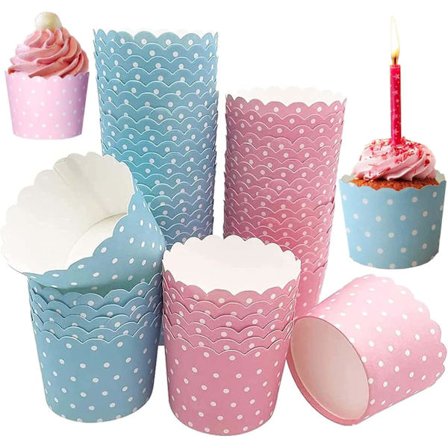 Rosa, blå - 100 cupcake-wrappers, cupcake-omslag til fødselsdag