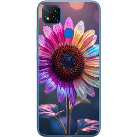 Kompatibelt Mobildeksel til Xiaomi Redmi 9C Irideserende blomst med glitrende kronblad i rosa lilla og gull mot myk bokeh bakgrunn