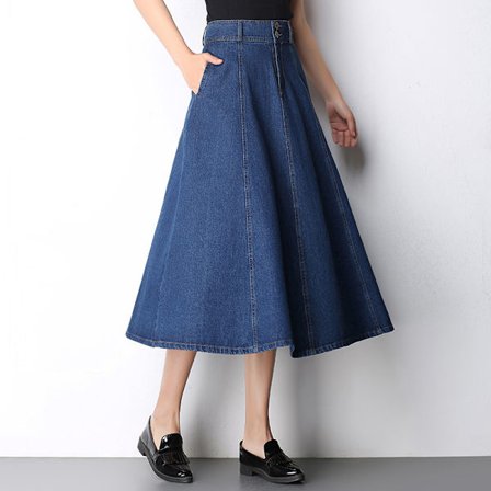 Kvinde Højtaljet Plisseret Lang Denim Nederdel, STØRRELSE XL