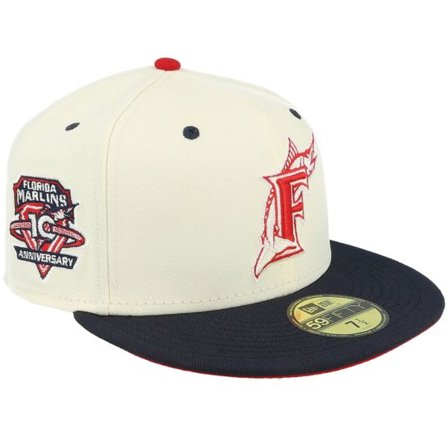 New Era - MLB Vit fitted Keps - Miami Marlins Scarlet Swirl 59FIFTY 10th Chrome/Navy Fitted @ Hatstore