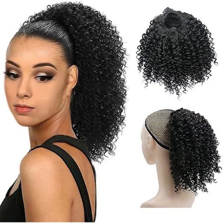 Musta kihara kiristysnauhalla varustettu poninhäntäpidenne synteettisestä kuitukihara hiuslisäke Acsergery lahja