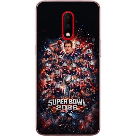 Kompatibelt Mobildeksel til OnePlus 7 Super Bowl 2026 plakat med New England Patriots og NFL-trofe i eksplosiv sportsdesign