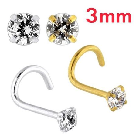 2 Skruvbara näspiercing i 316L stål med 3 mm rund zirkon