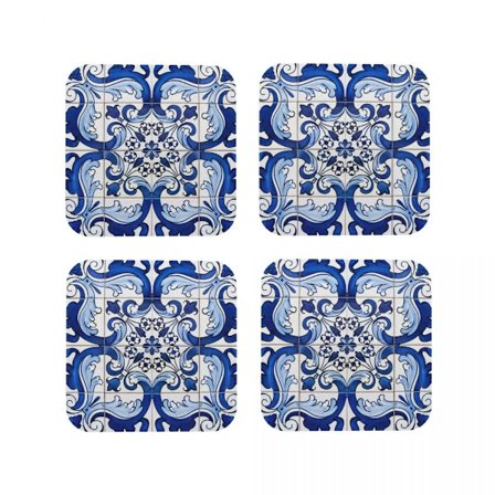 Lisbon Blue Azulejo Tile Floral Coaster Coffee Mat Leather Placemat Cup Tableware Decoration & Accessories Pads for Home Kitchen