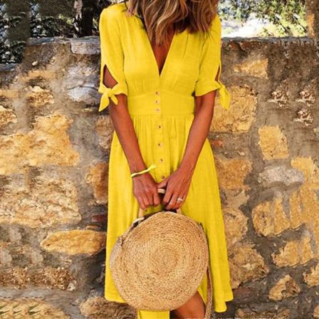 Casual Kvinnor Summer Beach Boho Klänning Sexig Djup V-ringad Solid Hal