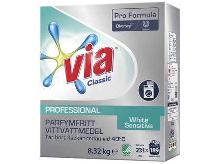 VIA Tvättmedel Pro Formula White Sensitive 8,32kg - Lyreco - Städ och hygien - Tvättmedel och klädvård - Tvättmedel