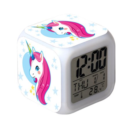 Wekity Enhjørning Fargerik Vekkerklokke LED Firkantet Klokke Digital Vekkerklokke med Tid, Temperatur, Alarm, Dato