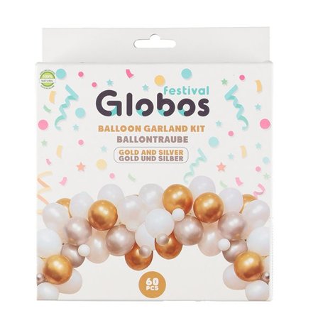 Ballonguirlande med 60 balloner i guld, hvid og sølv