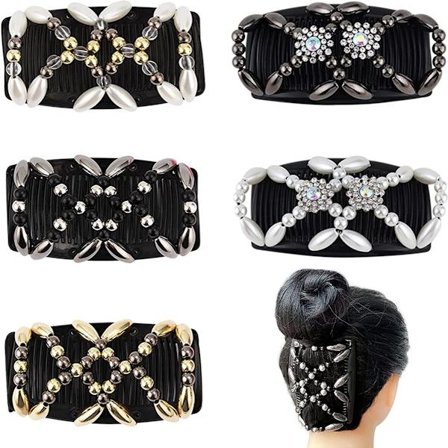 ING 5-delt hårklype med perler - Elastisk hårklype med strekk - Hårklype med kam