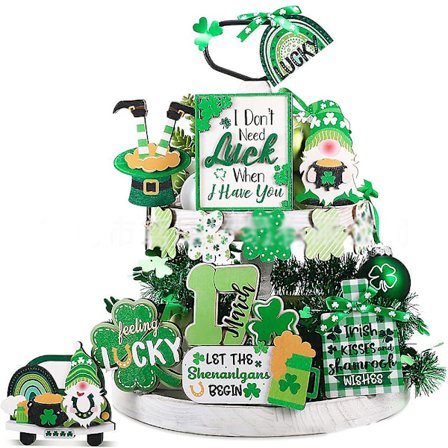 St. Patrick's Day Tiered Brickdekorationer, Irish Day Ornaments, Happy St. Patrick's Day-dekoration för inomhushem, Lucky Shamrock Clover Ta