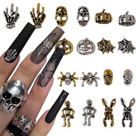 72 stk Halloween Neglepynt 3D Gull Sølv Neglekunst Pynt Vintage Gotisk Retro Punk Negleforsyninger Skjelett Edderkopp Pumpe