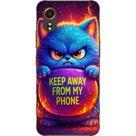 Kompatibelt Mobildeksel til Samsung Samsung Galaxy Xcover7 Sinna lodne blå katt med teksten "Hold deg unna telefonen min" i neonfarger og ildlignende