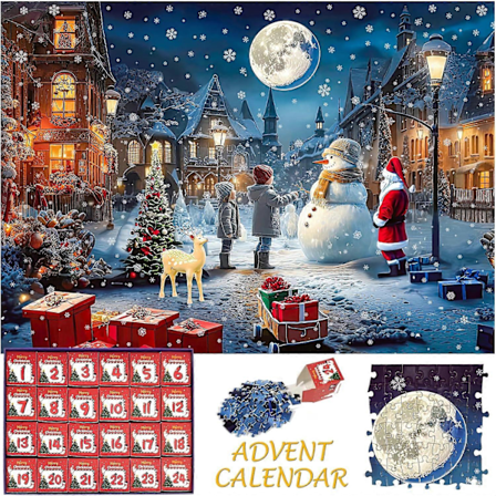 Adventskalender 2025 Puslespill med Snødekt Julenatt, Julefamilie Høytids-puslespill 1008 Brikker, 24 Esker Puslespill for Juleferien