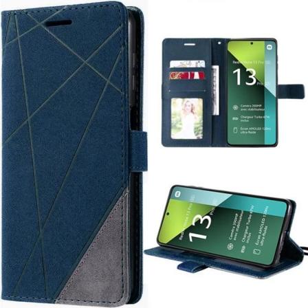 Etui til Xiaomi Redmi Note 13 Pro 5G (ikke til 4G), syntetisk læder med kortholder og justerbart stativ - marineblå