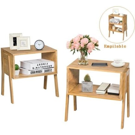 COSTWAY sæt med 2 sengebord, med åbent opbevaringsrum, ikke-giftigt materiale, kompakt og praktisk design, naturligt