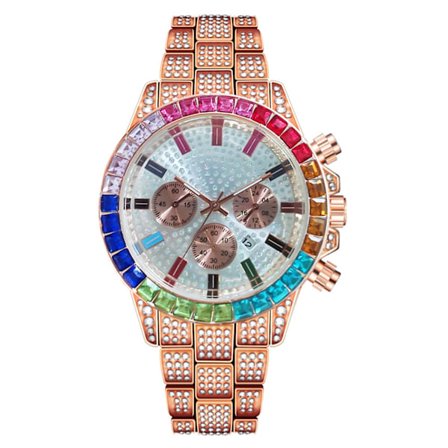 Quartz Ur Chronograph Guld Tone/Regnbue Rhinestone Diamanter