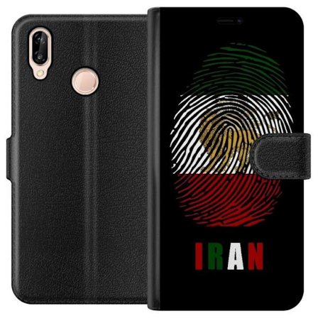 Kompatibelt Lommeboketui til Huawei P20 lite Fingeravtrykkformat som Irans flagg med løvemotiv på svart dramatisk bakgrunn
