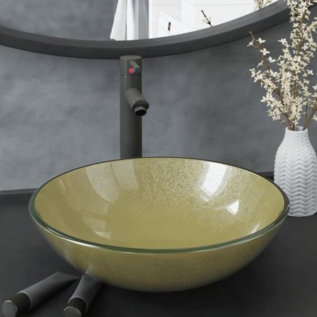 vidaXL Handfat med kran och bottenventil guld härdat glas