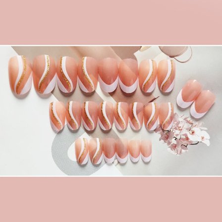 24 stk. Almond Short False Nails, Hvid Fransk Tryk på Negle med Bølgemønster, Swirl Short False Nails med Neglelim, Oval Stick on Nails til Kvinder