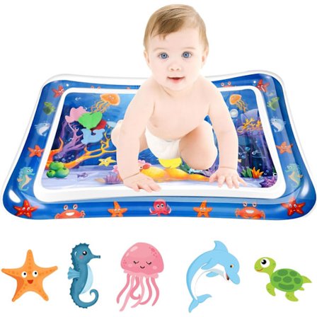 Vandmåtte til mavetræning, firkantet sensorisk legemåtte til babyer 3-24 måneder - Flydende legetøjsaktivitetscenter til tidlig udvikling og motoriske