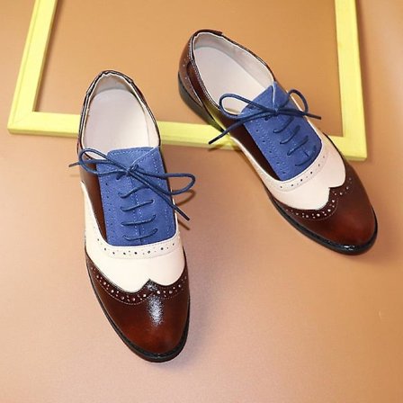 Kvinnors Flats Oxfords Sneakers i äkta läder - Brun Beige Blå