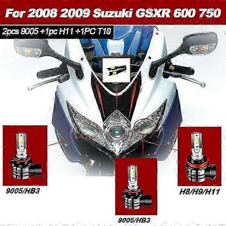 9600LM LED Motorcykel Forlygte Kit Høj Lav Bjælke Parkeringslys Pærer 4STK 6000K Hvid til 2008-2009 Suzuki GSXR 600 750