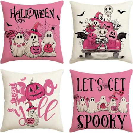 Sæt af 4 Halloween Spøgelsesbil Græskar Pudebetræk, 18 x 18 Tommer Pink Pudebetræk Dekoration til Sofa