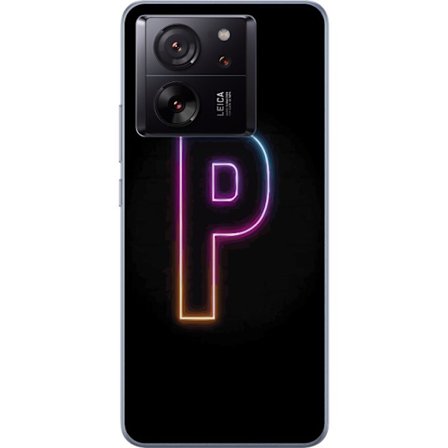 Kompatibel Mobilcover til Xiaomi Xiaomi 13T Minimalistisk neonbogstav P i farvegradient og lyseffekt mod sort baggrund i digital neonstil