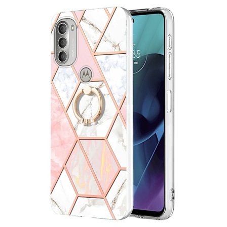 Marble Patterned Suojakuori With Ring Holder For Motorola Moto G51 5G - Pinkki / Valkoinen