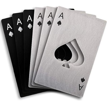 6 kpl Pelikorttien Pullonavaajia (3 Mustaa & 3 Hopeaa)