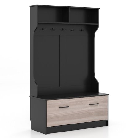 Takkiteline, jossa penkki ja 5 kaksoiskoukkua vaateteline eteisen naulakko 100 x 40 x 160 cm musta