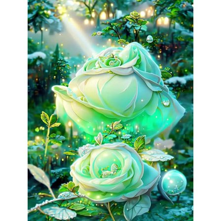 30x40cm, Grön ros 5d diamantmålad strassbroderi duk