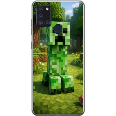 Kompatibelt Mobilskal till Samsung Samsung Galaxy A21s Block-baserad Creeper-figur i en grön pixell värld, ikonisk spelillustration för barnrum, ga
