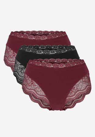 Cellbes of Sweden - Trusse i bomuld med blondekant 3-pack i vinrød + sort til damer i størrelse 42/44